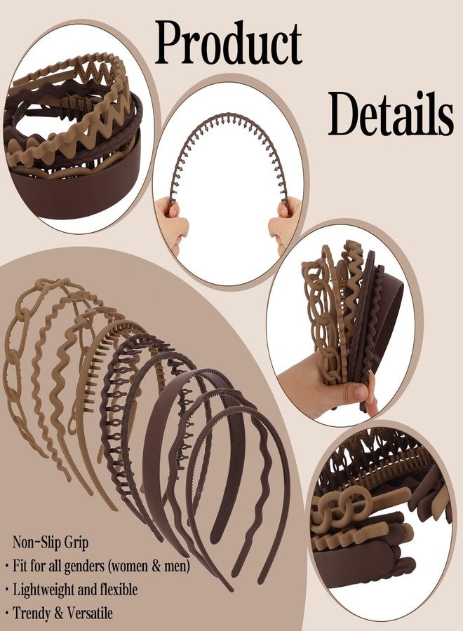 Semato 9 Pcs Non-Slip Headbands for Women - Brown Wide/Combed/Wavy Headbands Set with Teeth, Comfortable Plastic Hair Accessories for Daily Thick/Curly Hair styling - Image 2